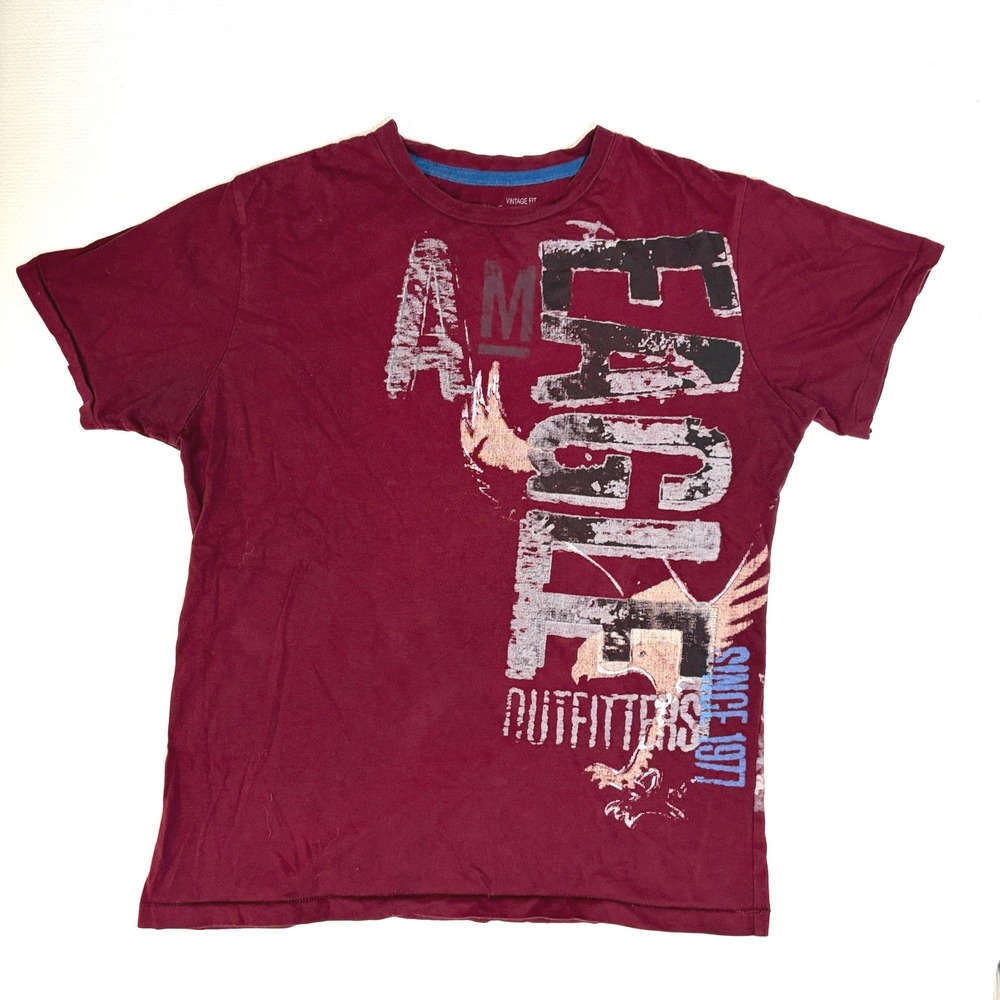 American Eagle T-Shirt Vintage Fit Graphic Distressed Large Maroon Burgundy